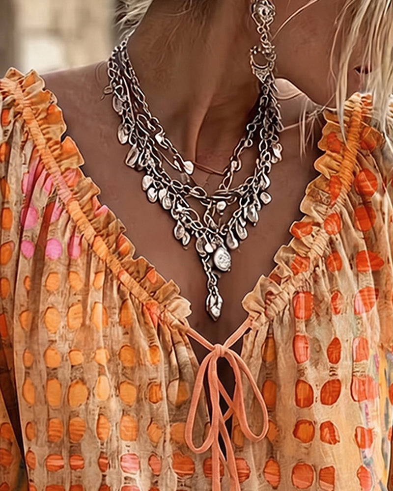 Blouse Stippenpatroon Met Vetersluiting