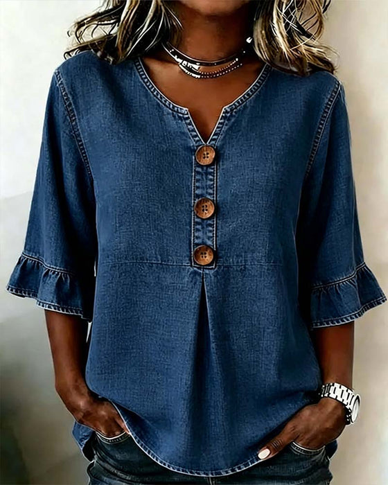 Blouse V-Hals Uitlopende Mouw Denim