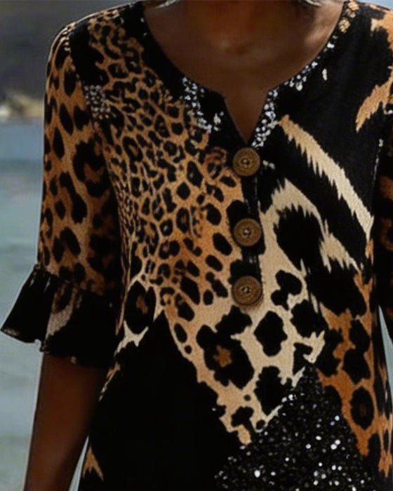 Jurk Met Leopardprint En V-Hals