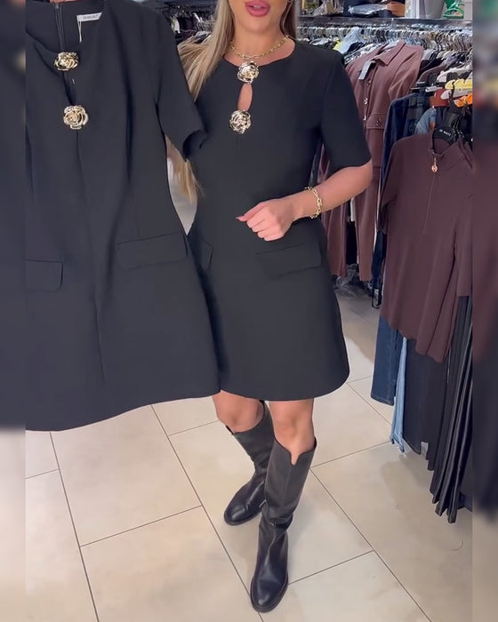 Jurk Metalen Gesp Getailleerd Kortmouwen