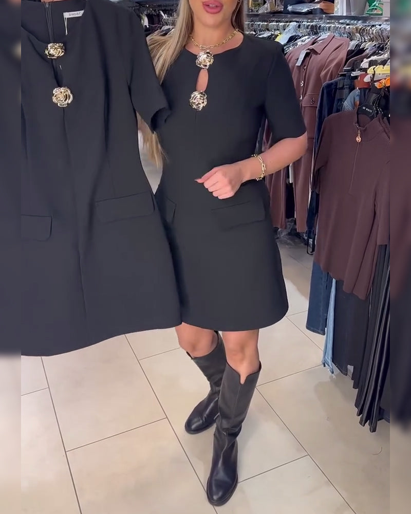 Jurk Metalen Gesp Getailleerd Kortmouwen