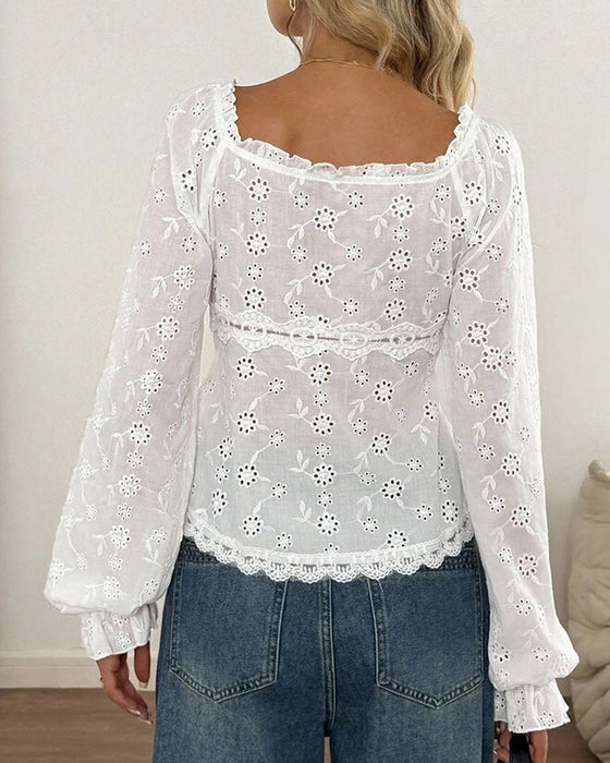 Blouse Vierkante Hals Kant Rand Uitsnijding Ballon Mouw