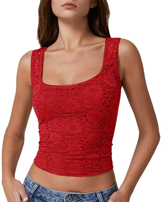 Tank Top Kant Rand Vierkante Hals Mouwloos