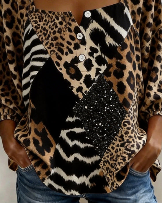 Blouse Vierkante Hals Luipaardprint Patchwork Paillet