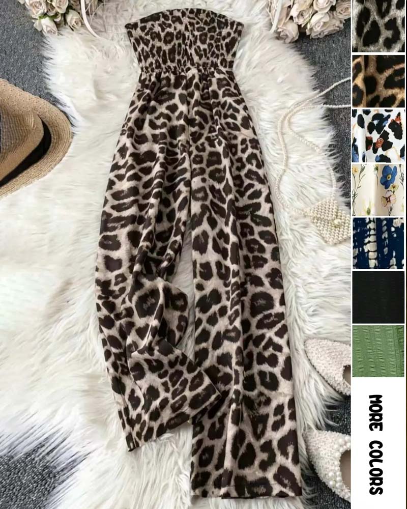 Jumpsuit Mouwloos Luipaard Afdruk Breed Been Getailleerd