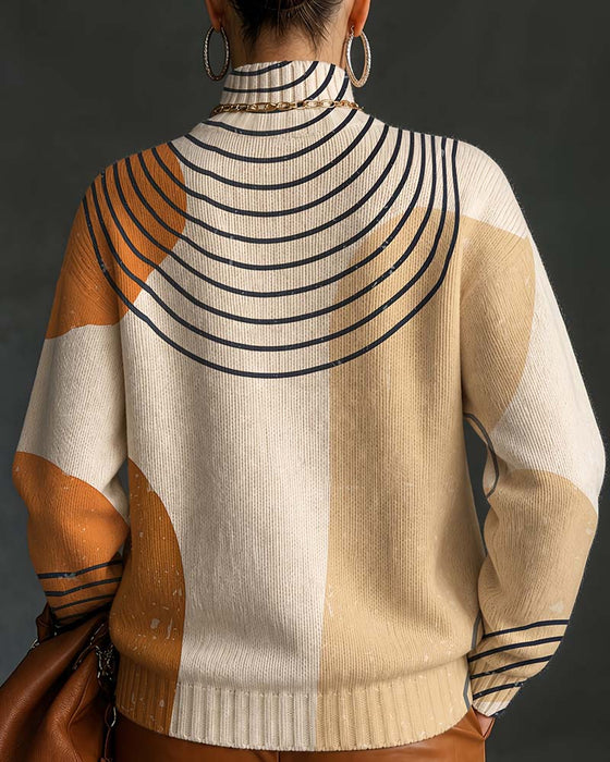 Pullover Geometrische Lijn Kleurblok Hoge Hals