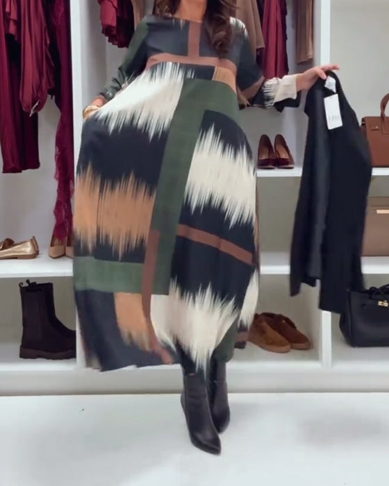 Modieuze Gedrukte Jurk Met Ronde Hals En Lange Mouwen