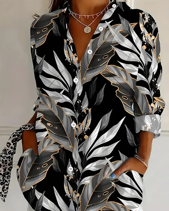 Blouse Blad Print Lange Mouw