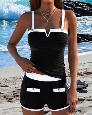 Tankini Contrastkleur V-hals Gesplitst Bokser