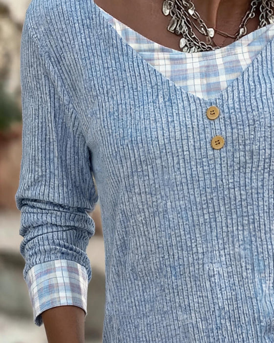 Top Geribbeld Ruit Patchwork Lange Mouw