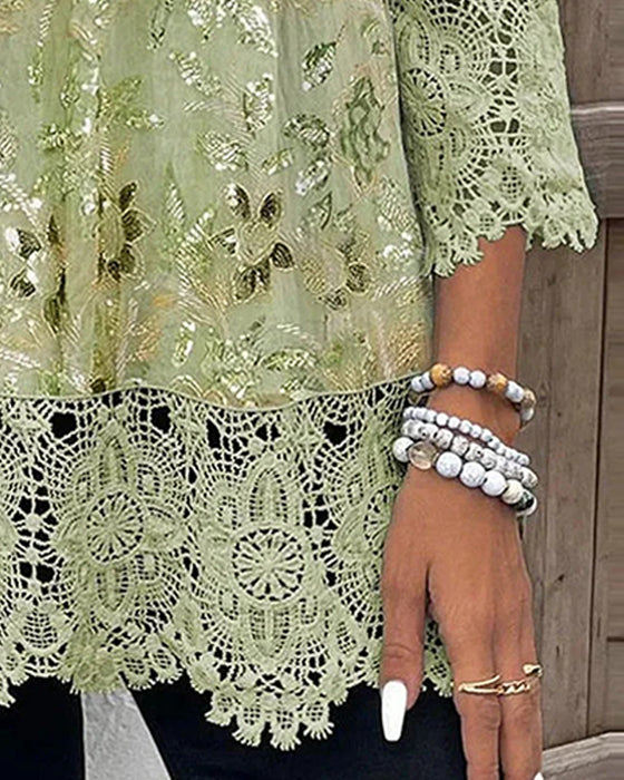 Blouse Kant Patchwork Bloemen V-Hals
