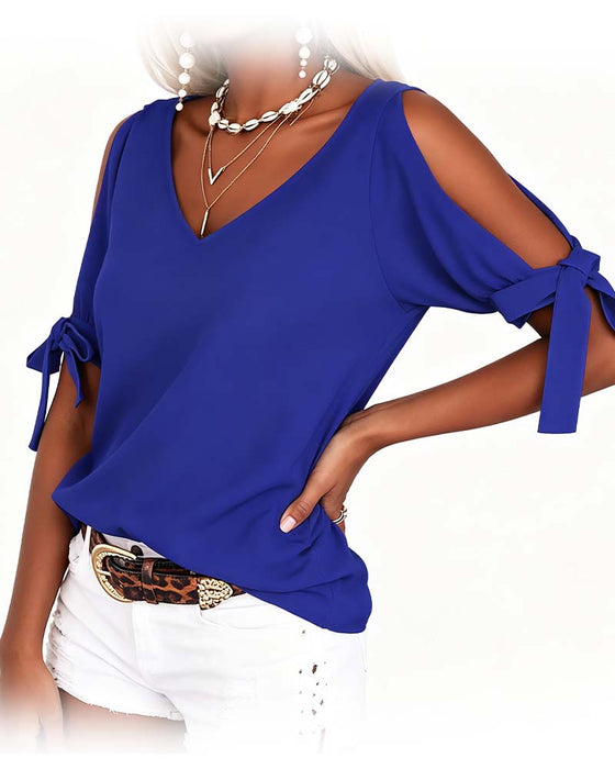 Blouse V-Hals Cold Shoulder Strik Effen