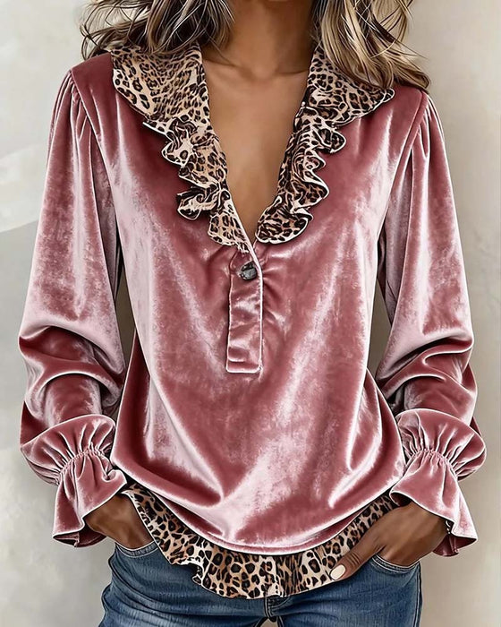 Blouse V-Hals Luipaard Print Ruffle Mouw