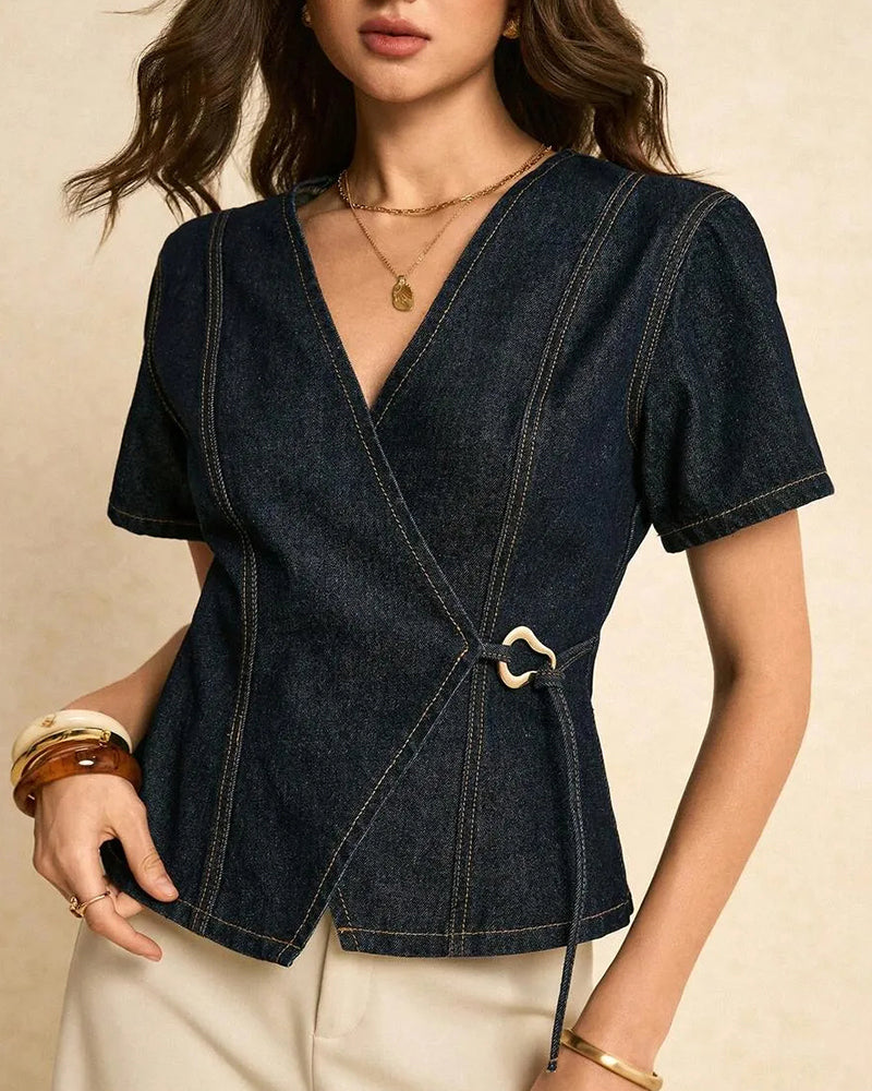 Blouse Onregelmatig Lace-Up Denim