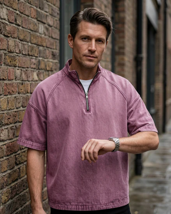 Overhemd Met Washed Look En Rits Korte Mouw