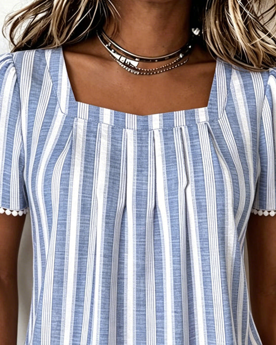 Blouse Gestreept Vierkante Hals Korte Mouw