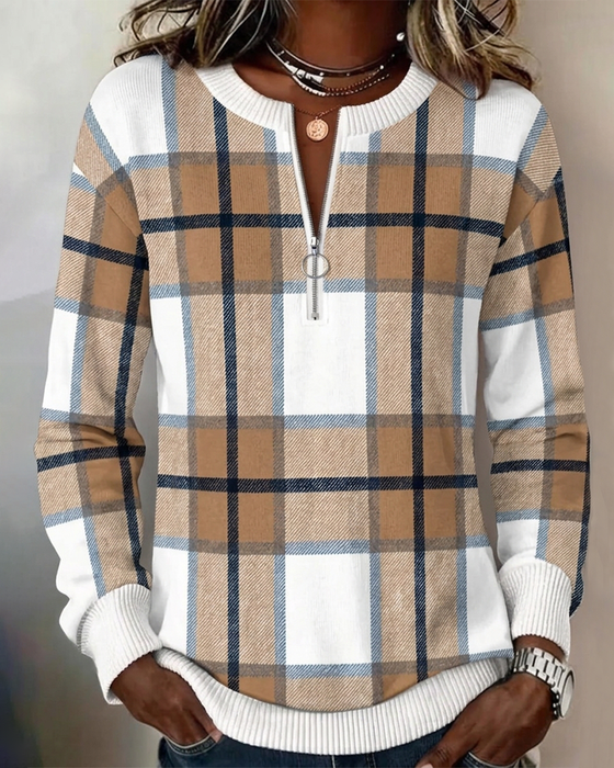 Sweatshirt Geruit Halfritsen Ronde Hals Pullover