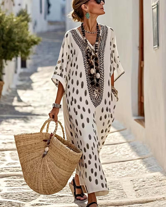 Jurk V-Hals Stippen Resort Print