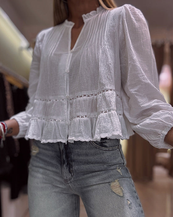 Blouse Staande Kraag Pofmouw Kort