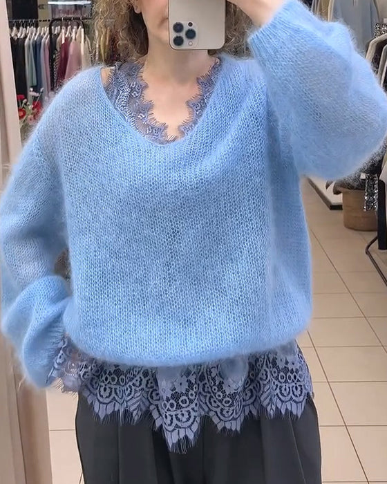 Pullover V-Hals Effen Patchwork