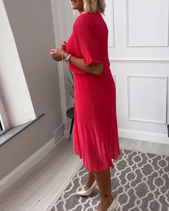 Casual effen geplooide jurk met V-hals en halve mouw