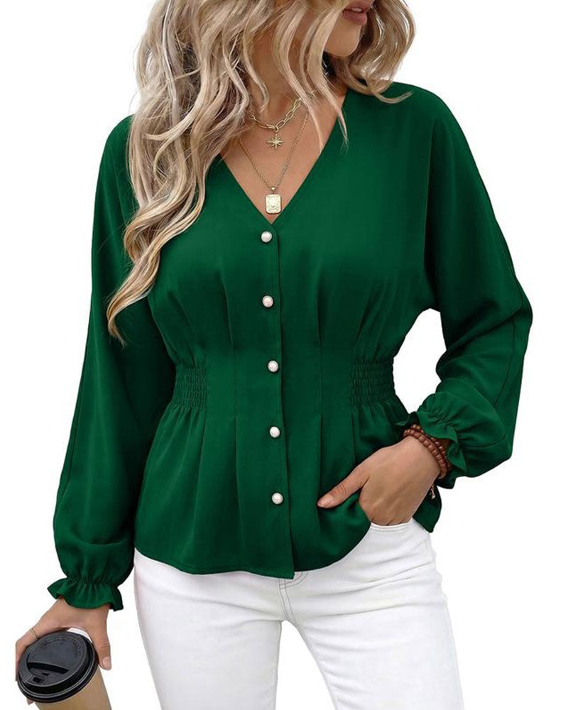 Blouse V-Hals Knoop Geplooid Taille Volant