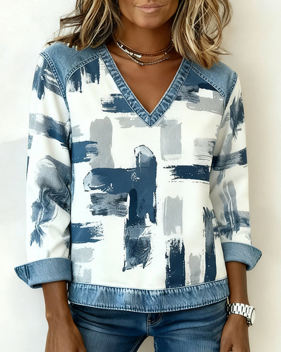 Langmouwige Sweatshirt Met Inkt Schilderij Print En Patchwork