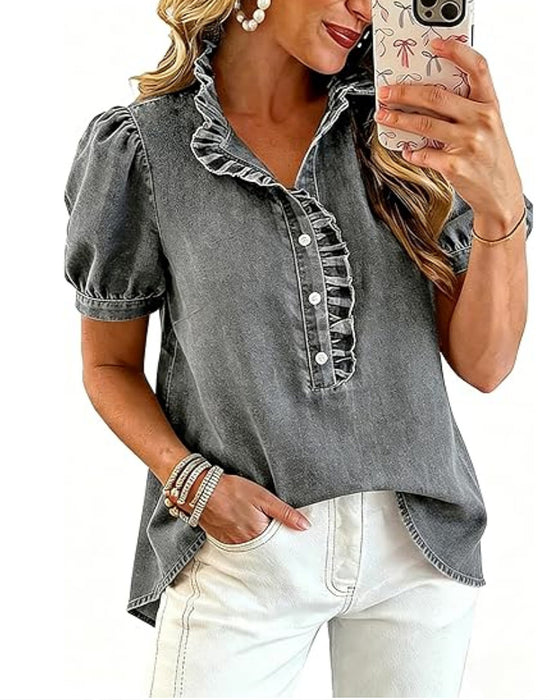 Blouse Dichtknopen Ruffle Denim