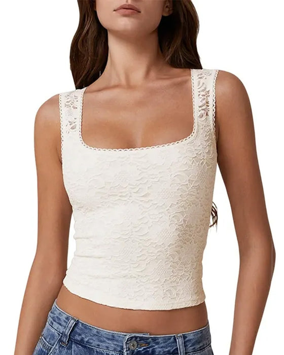 Tank Top Kant Rand Vierkante Hals Mouwloos