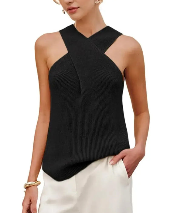 Top Dames Halter Crossover Kraag Tanktop Gebreid Mouwloos