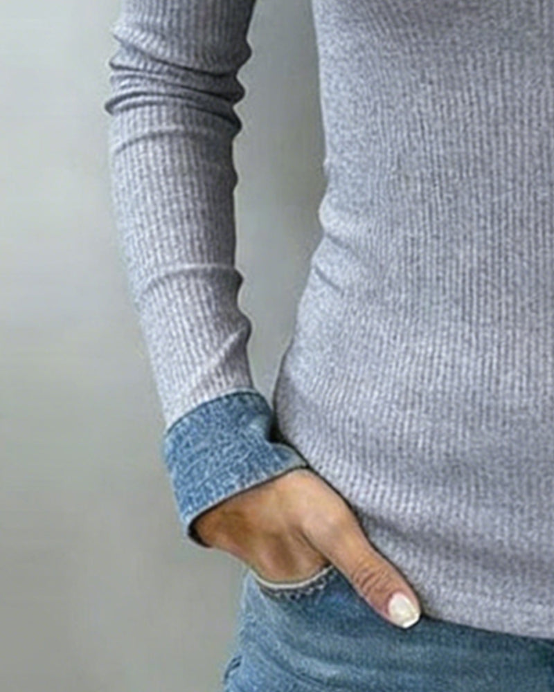 Top Contrastkleur Klep V-hals Lange Mouw