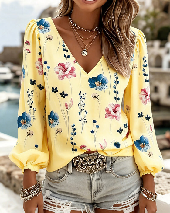 Blouse Lantaarn Mouw V-Hals Bloemig