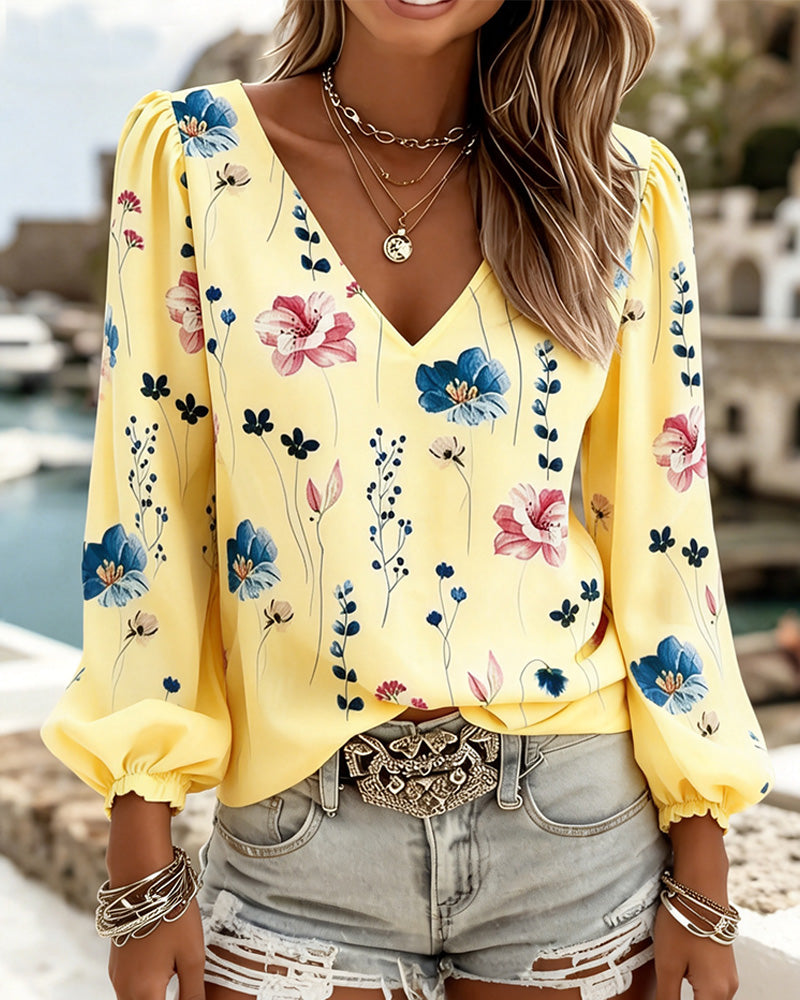 Blouse Lantaarn Mouw V-Hals Bloemig