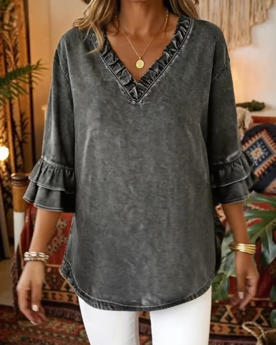 Gerafelde Korte Mouw V-Hals Denim Blouse