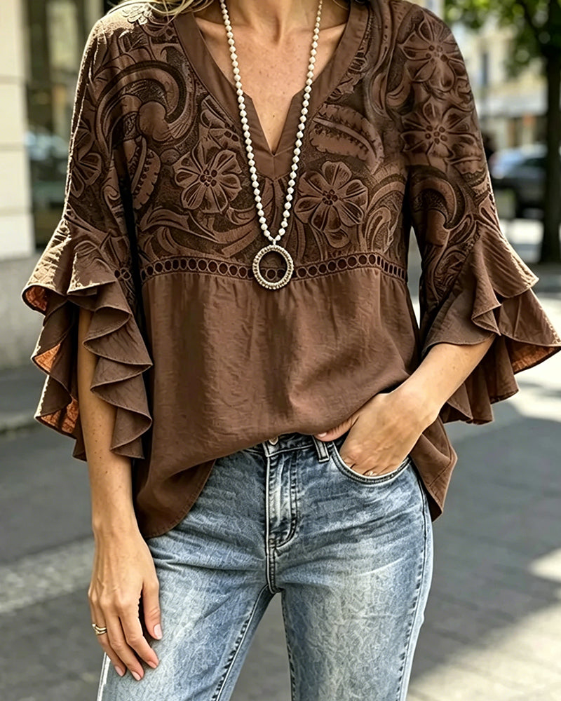 Blouse Vintage Bloemenprint Asymmetrische Ruche Mouw