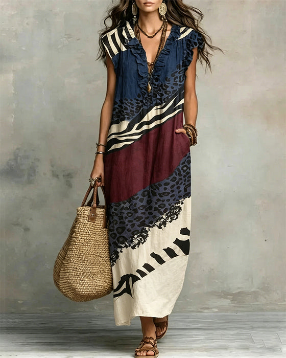 Jurk V-Hals Ruche Patroon Patchwork