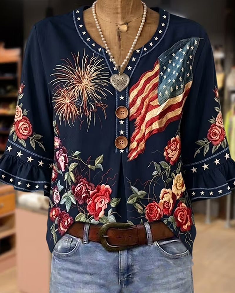 Bedrukte Blouse Met Ruchesmouwen