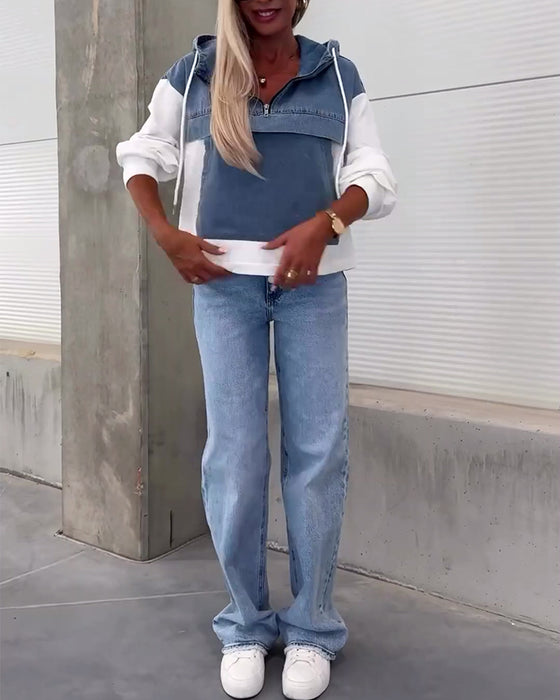 Casual denim patchwork hoodie met rits