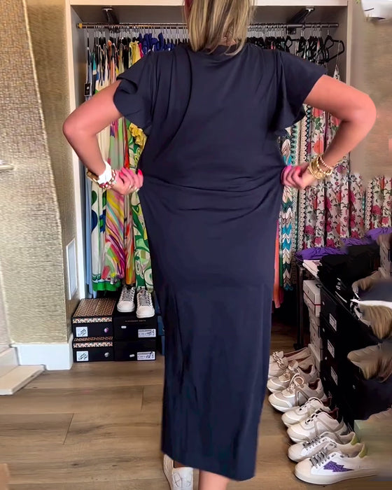 Casual jurk met letterprint en ruches aan de mouwen en split