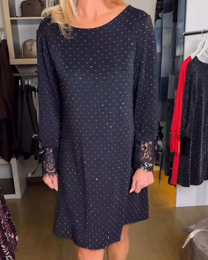 Jurk Effen Kleur Patchwork Glinsterend Ronde Hals