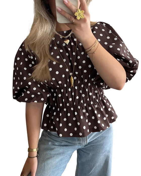 Blouse Stip Off-Shoulder Getailleerd Ballon Mouw