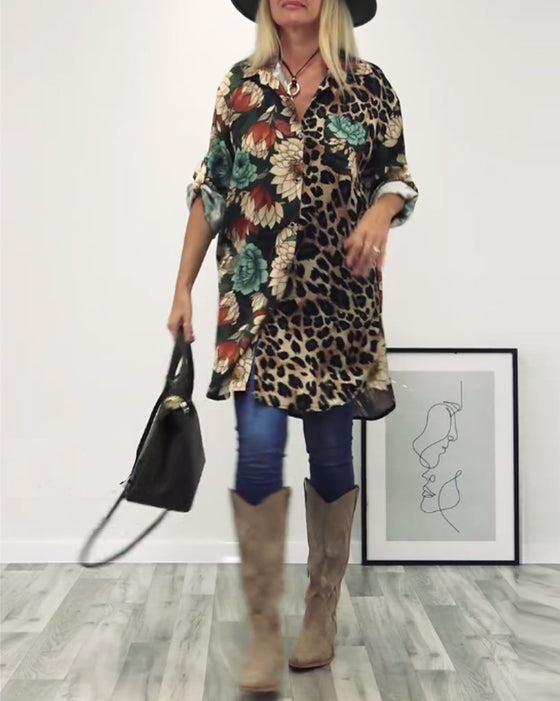 Revers overhemd met patchwork en luipaardprint