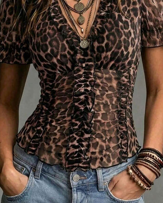 Blouse V-Hals Luipaard Print Ruffle Pofmouw