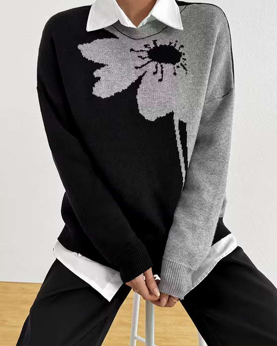 Pullover Kleurblok Groot Bloemen Jacquard Rond Hals
