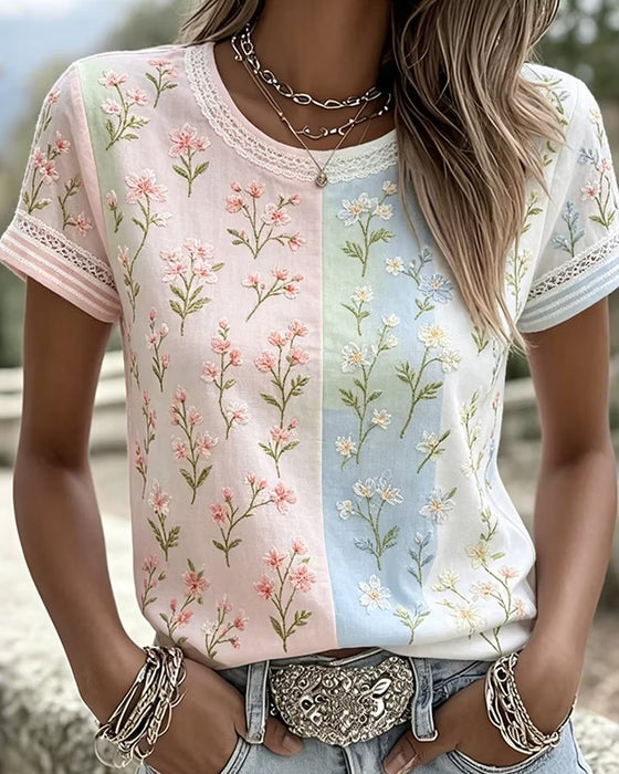 Blouse Kant Patchwork Contrast Bloemen