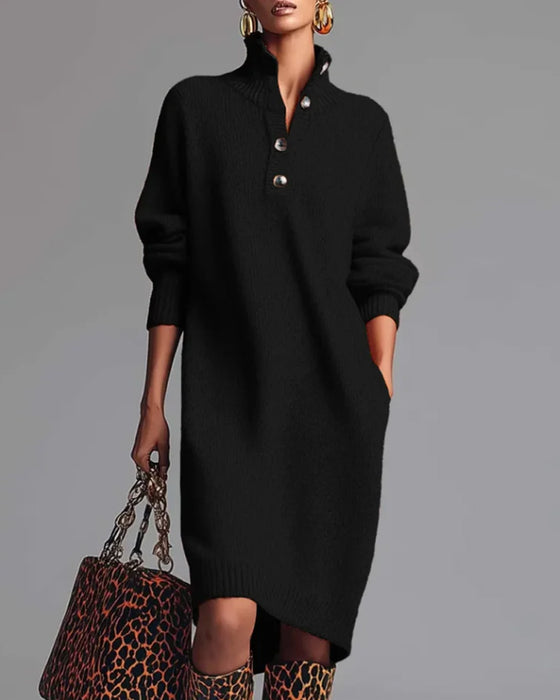 Effen Kleur Jurk Met Knopen En Hoge Hals