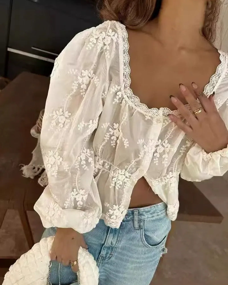 Blouse U-hals Loose Geborduurd Lange Mouw