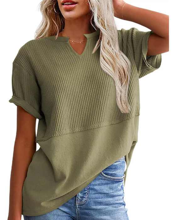 T-Shirt Getailleerde Taille Patchwork V-Hals Pullover