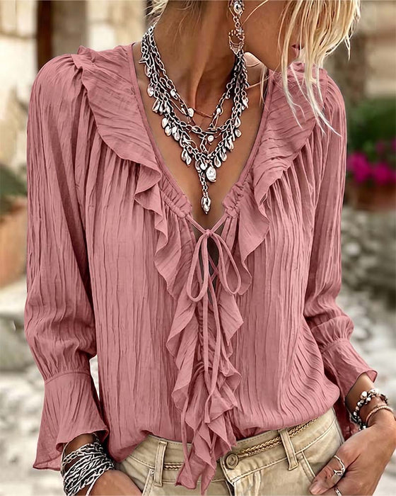 Blouse Ruche Afwerking Vetersluiting Lange Mouw