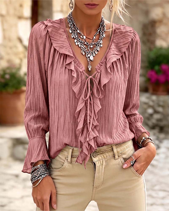 Blouse Ruche Afwerking Vetersluiting Lange Mouw